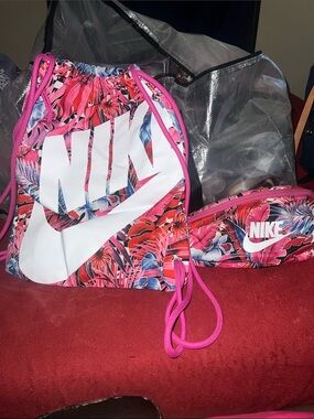 Nike Pink Tropical Drawstring Bag and Waist fanny Pack Set